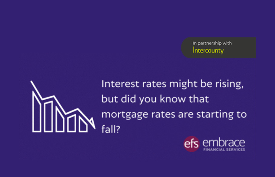 Bar graph with arrow pointing down and the text Interest rates might be rising but did you know what mortgage rates are starting to fall?