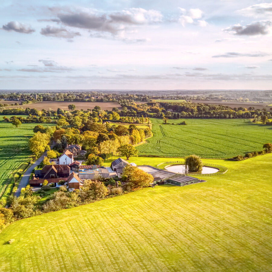 Village near Stansted Airport as seen from above drones eye view.