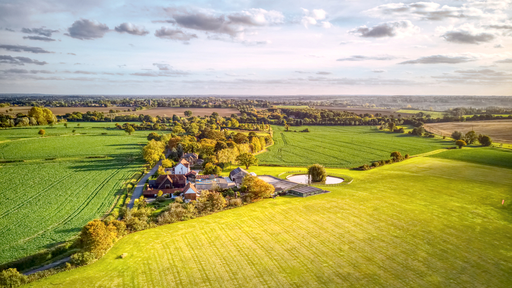Village near Stansted Airport as seen from above drones eye view.