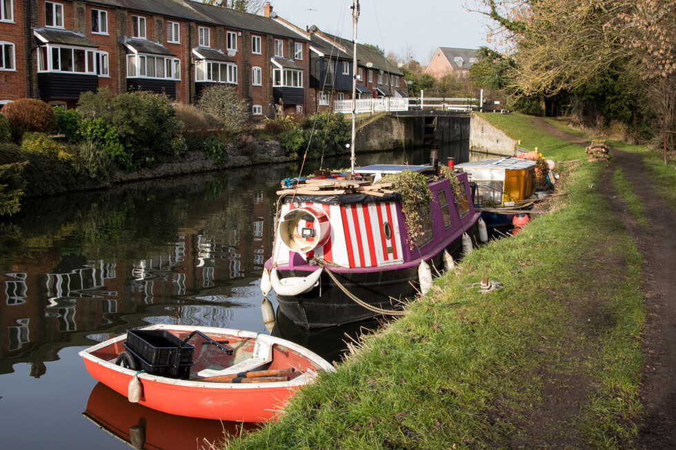 Colourful canal boat on the River Stort, Sawbridgeworth